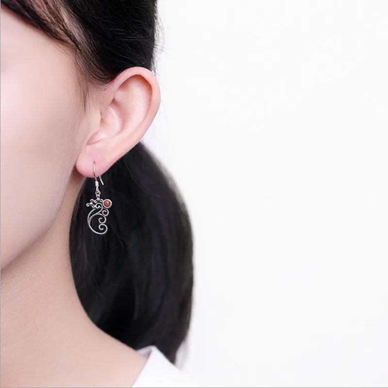 Vintage Thai Silver Hollow Elephant Earrings with Agate Lapis