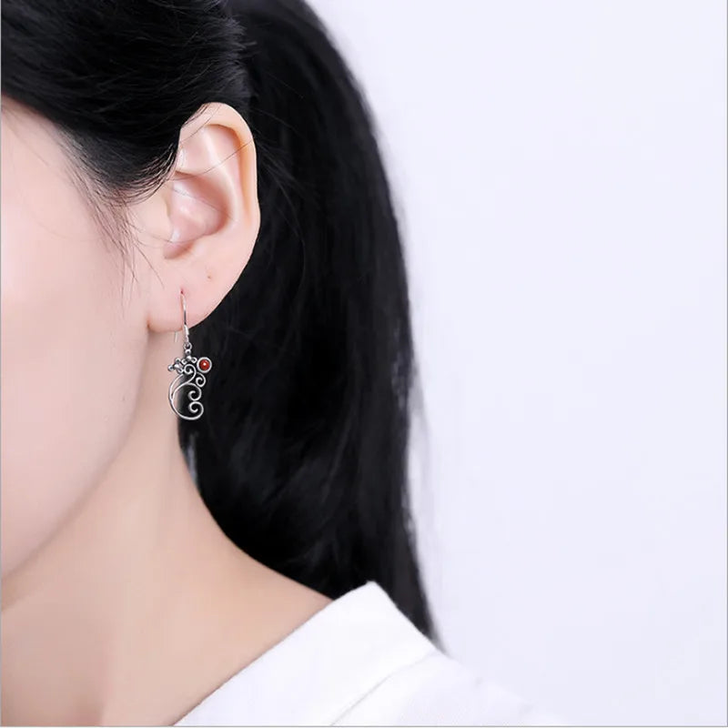 Vintage Thai Silver Hollow Elephant Earrings with Agate Lapis