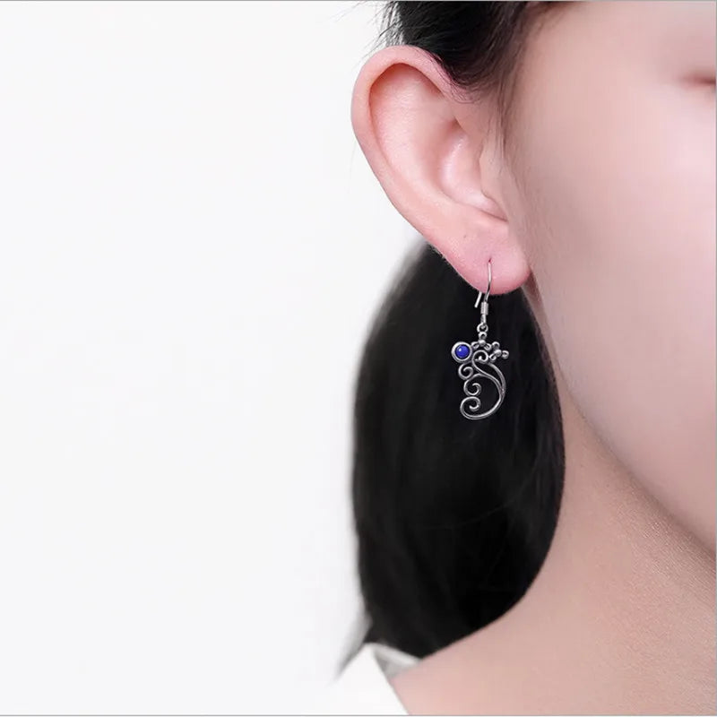 Vintage Thai Silver Hollow Elephant Earrings with Agate Lapis