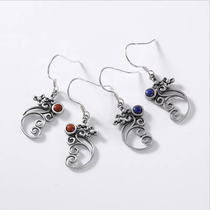 Vintage Thai Silver Hollow Elephant Earrings with Agate Lapis