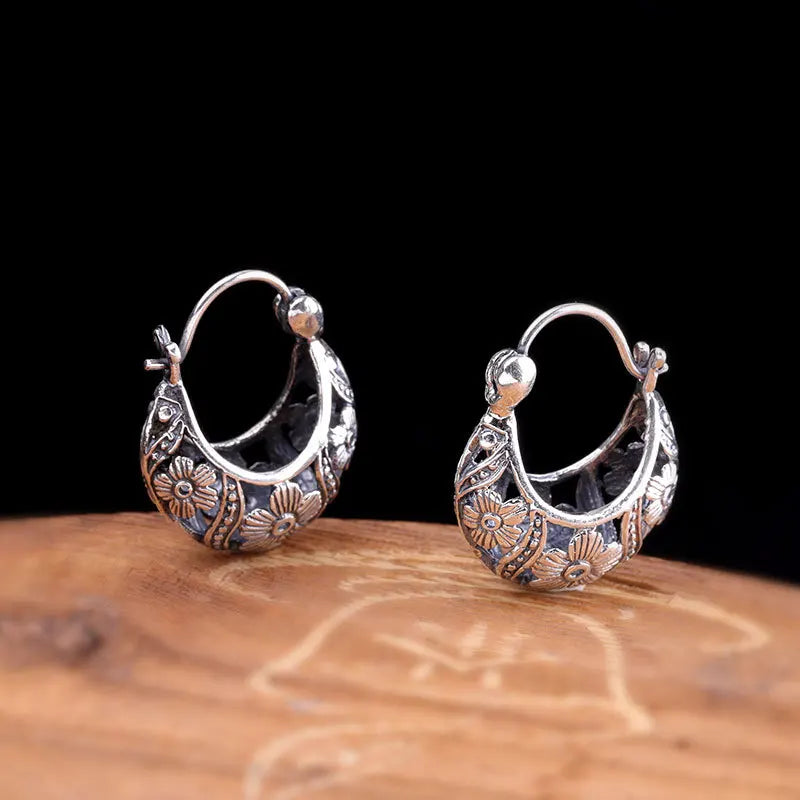 Thai Silver Vines Flowers Hollow Jewelry 925 Silver Ethnic Earrings