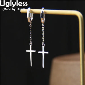 Long Chains Tassels Hoop Earrings 925 Sterling Silver Christian Cross Dangle