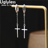 Long Chains Tassels Hoop Earrings 925 Sterling Silver Christian Cross Dangle