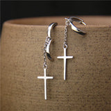 Long Chains Tassels Hoop Earrings 925 Sterling Silver Christian Cross Dangle