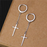 Long Chains Tassels Hoop Earrings 925 Sterling Silver Christian Cross Dangle