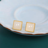 Hotan Jade Square Earrings 925 Silver Geometric Studs