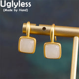 Hotan Jade Square Earrings 925 Silver Geometric Studs