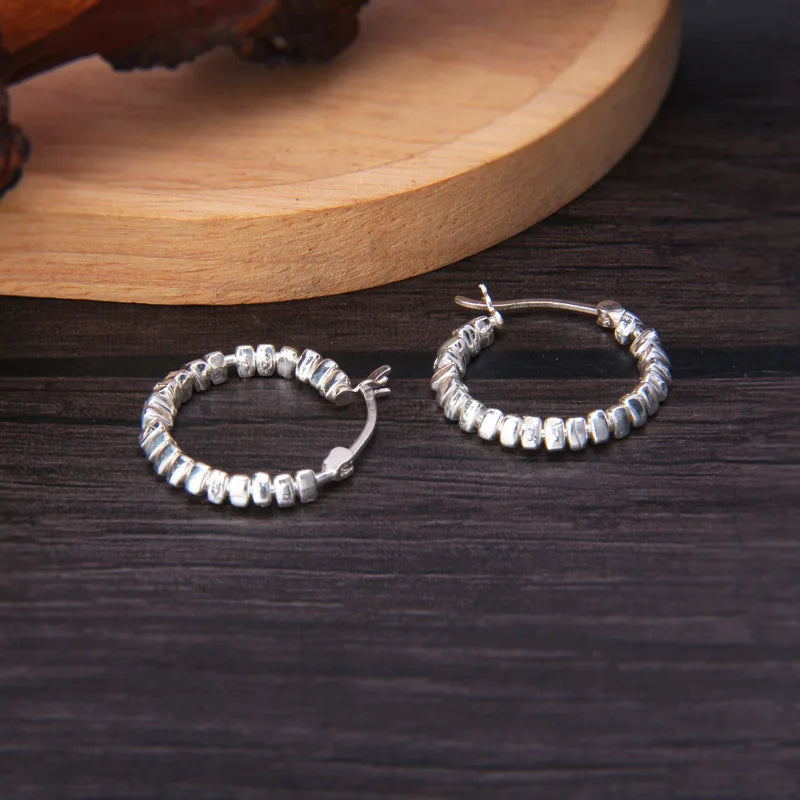 Mini Triangle Silver Beads Hoop Earrings 925 Sterling Silver Girls Brincos