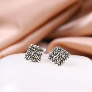 Vintage Thai Silver Marcasite Square Stud Earrings 925 Silver