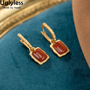 Natural Agate Square Earrings 925 Silver Minimalist Brincos Gemstone
