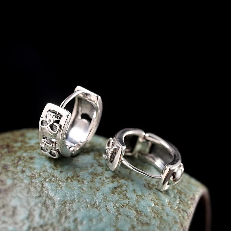 Skeleton Skull Silver Hoop Earrings Unisex 925 Studs Brincos PUNK