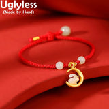 Hotan Jade Rabbit Moon Bracelet 925 Sterling Silver Animal Lucky Red Rope