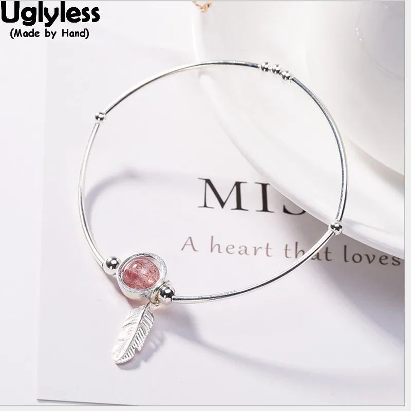 925 Silver Feather Spinning Ball Bracelet Strawberry Quartz Charms