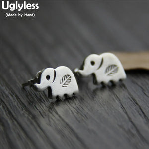 925 Silver Elephant Stud Earrings Engraved Leaves Ethnic Jewelry Brincos