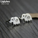 925 Silver Elephant Stud Earrings Engraved Leaves Ethnic Jewelry Brincos