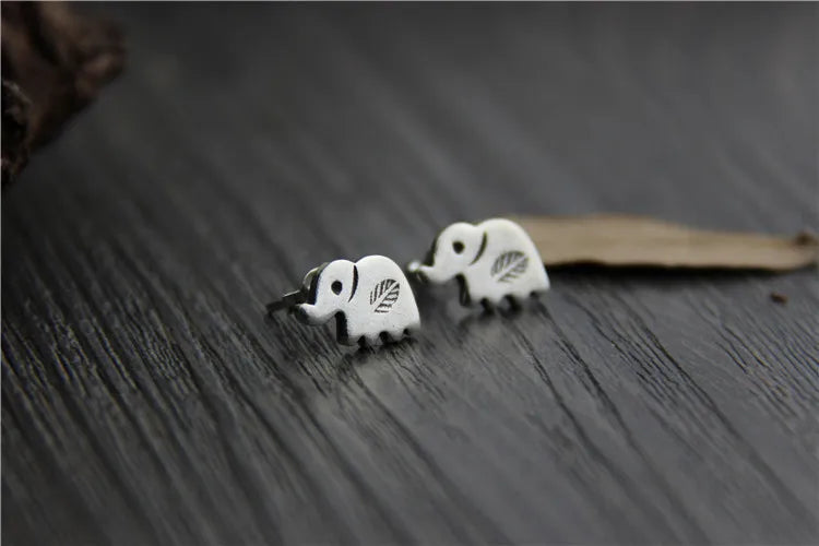 925 Silver Elephant Stud Earrings Engraved Leaves Ethnic Jewelry Brincos