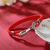 990 Full Silver RUYI Lock Bracelet Lucky Red Rope Agate Vintage Jewelry
