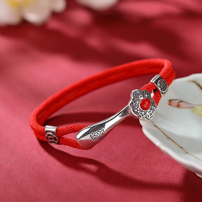 990 Full Silver RUYI Lock Bracelet Lucky Red Rope Agate Vintage Jewelry