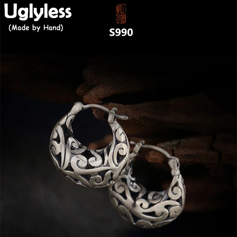 Vintage 999 Silver Hollow Women Dress Earrings Nepal Ethnic Ear Hook Brincos