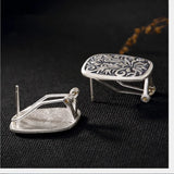 Real S 990 Fine Silver Engraved Totem Studs Earrings Retro Ethnic Brincos