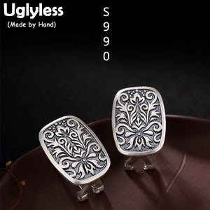 Real S 990 Fine Silver Engraved Totem Studs Earrings Retro Ethnic Brincos