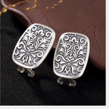 Real S 990 Fine Silver Engraved Totem Studs Earrings Retro Ethnic Brincos