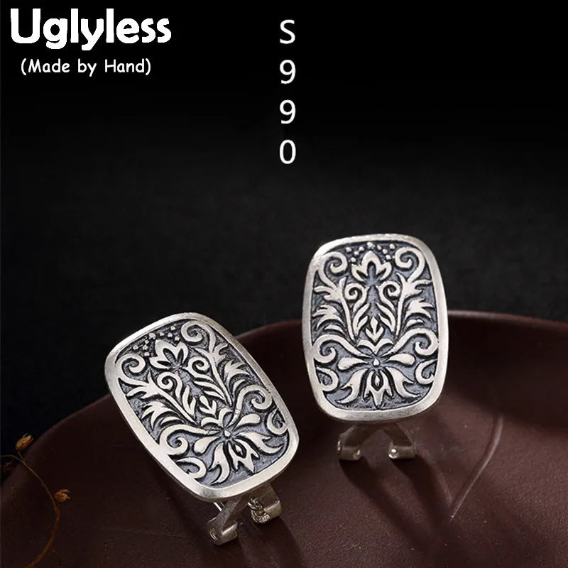 Real S 990 Fine Silver Engraved Totem Studs Earrings Retro Ethnic Brincos