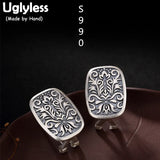 Real S 990 Fine Silver Engraved Totem Studs Earrings Retro Ethnic Brincos