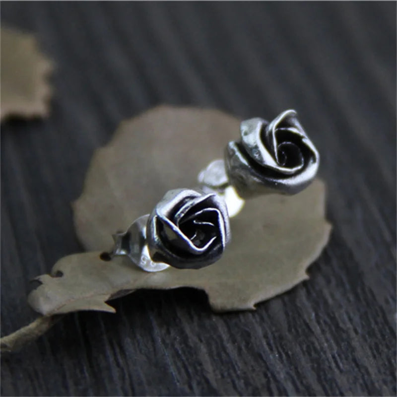 S925 Silver Rose Studs Floral Earrings Vintage Brincos