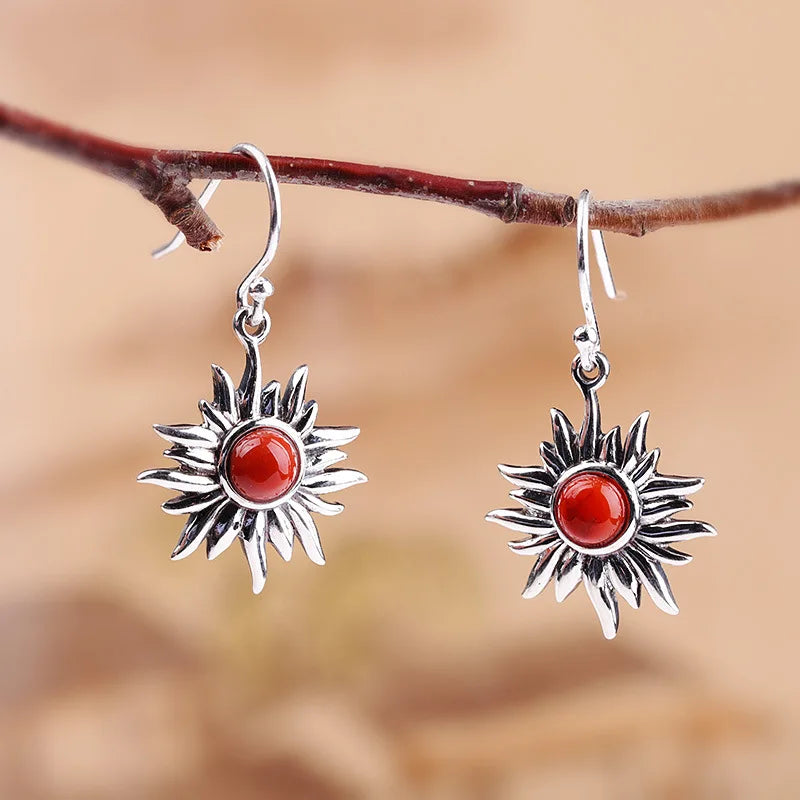Silver Sun Agate Earrings Women 925 Vintage Fine Jewelry