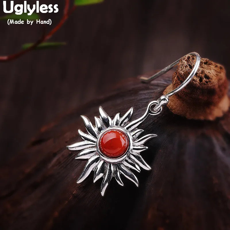 Silver Sun Agate Earrings Women 925 Vintage Fine Jewelry