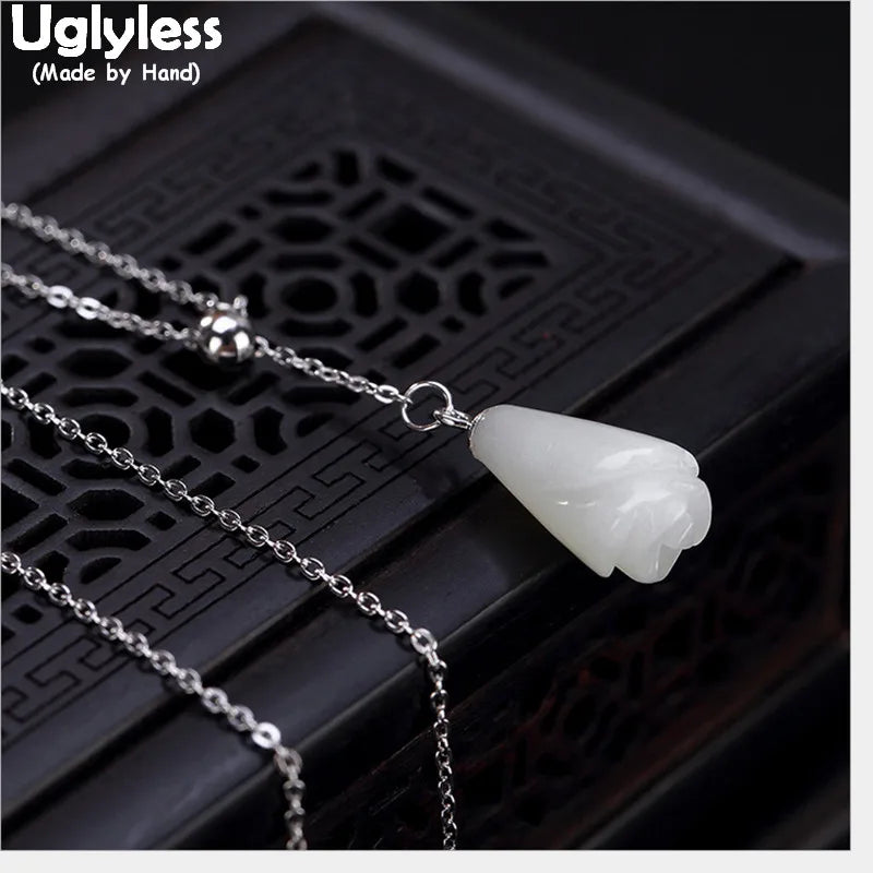 Sterling Silver Jade Magnolia Necklace Floral Choker Gems Pendant
