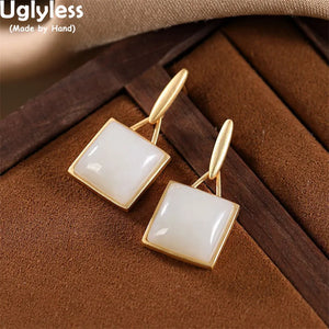Round Square Jade Earrings Geometric Minimalist Gemstone Studs 925 Silver