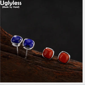 S925 Nature Lapis Stud Earrings Agate Square Brincos