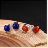 S925 Nature Lapis Stud Earrings Agate Square Brincos