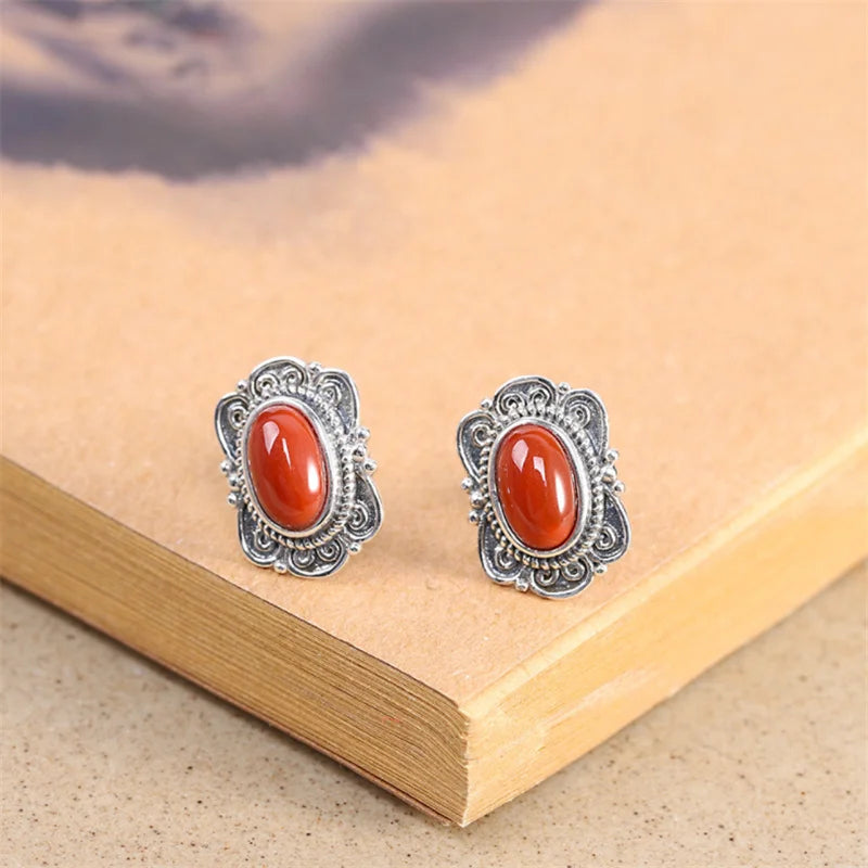 Vintage 925 Silver Shield Studs Earrings and Agate Malachite Rings Set
