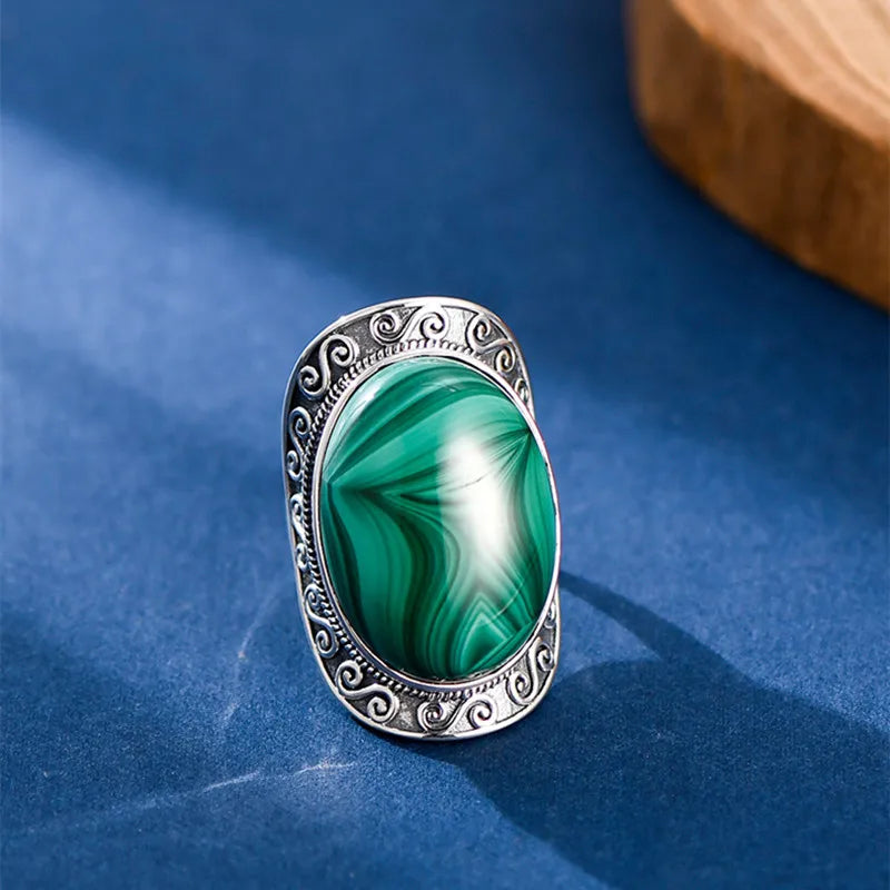 Vintage 925 Silver Shield Studs Earrings and Agate Malachite Rings Set