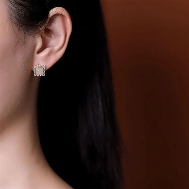 Zircon Crystal Studs Earrings Square Jade 925 Silver Jewelry