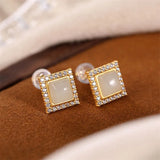 Zircon Crystal Studs Earrings Square Jade 925 Silver Jewelry