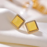 Zircon Crystal Studs Earrings Square Jade 925 Silver Jewelry