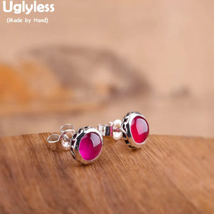 7.6MM Silver Stud Earrings HOT PINK Gemstones Earrings 925 Silver