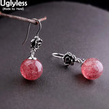 Vintage Thai Silver Flower Earrings Strawberry Quartz Dangle 925 Silver