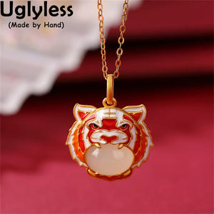 Tiger Head Pendant Women Natural Gemstones Jade Animals Necklaces 925 Silver