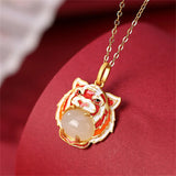 Tiger Head Pendant Women Natural Gemstones Jade Animals Necklaces 925 Silver