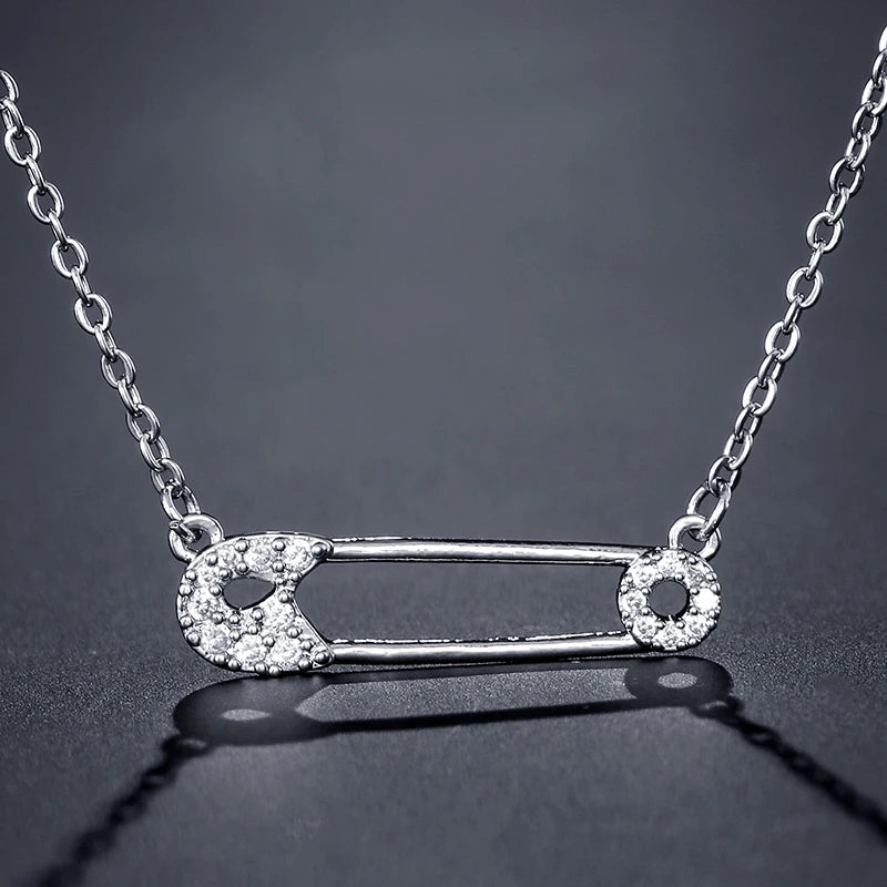 Dainty Safety Pin CZ Necklace for Women