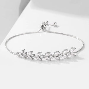 Uilz CZ Bridal Bracelets Sliver Leaf Charm Bangle Clear Crystal Wedding Jewelry