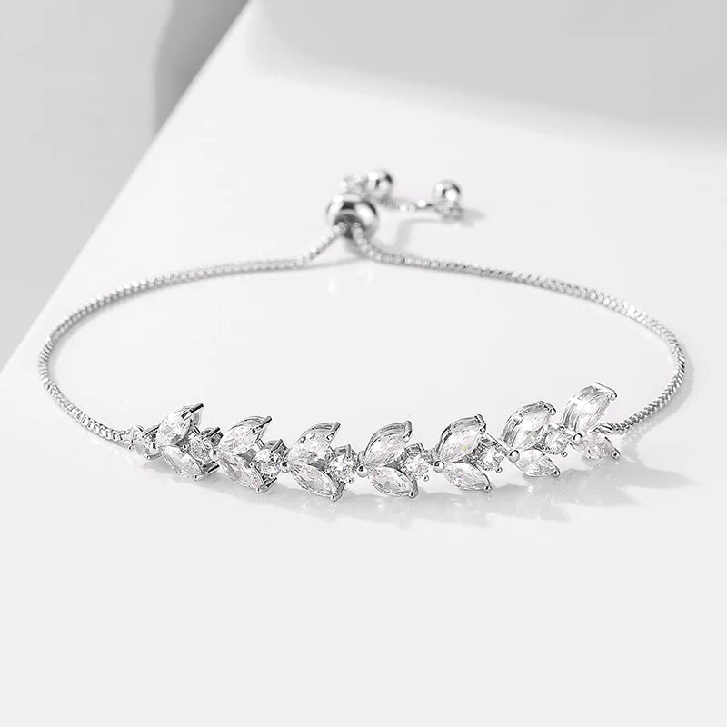 Uilz CZ Bridal Bracelets Sliver Leaf Charm Bangle Clear Crystal Wedding Jewelry
