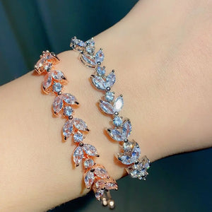 Uilz CZ Bridal Bracelets Sliver Leaf Charm Bangle Clear Crystal Wedding Jewelry