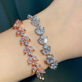 Uilz CZ Bridal Bracelets Sliver Leaf Charm Bangle Clear Crystal Wedding Jewelry