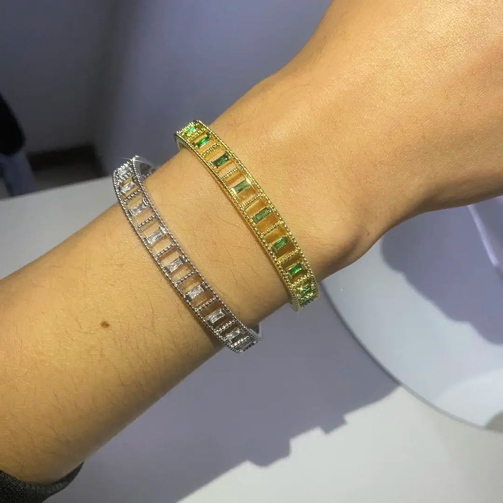 Vintage Green Crystal Charm Cuff Bracelet Bangle for Women